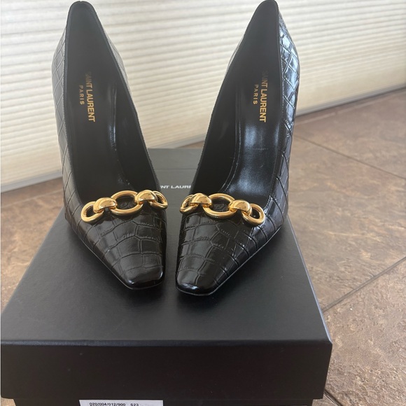 Saint Laurent Shoes - Saint Laurent Black Embossed Heels with Gold Detail